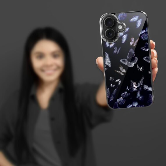 Etui do iPhone 16 , Elite Glass z MagSafe, szklany tył, Nocturne, Nocne Motyle, czarne (3)