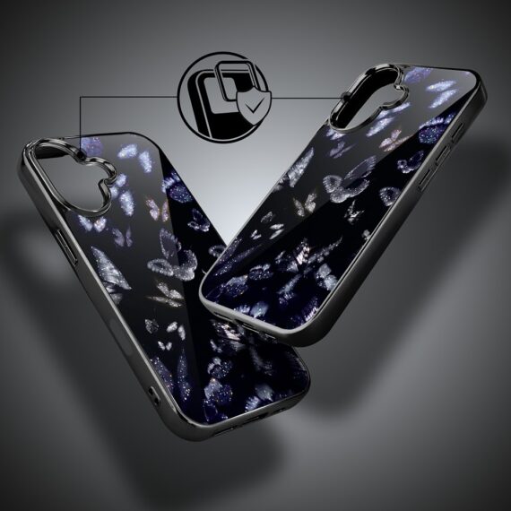 Etui do iPhone 16 , Elite Glass z MagSafe, szklany tył, Nocturne, Nocne Motyle, czarne (4)