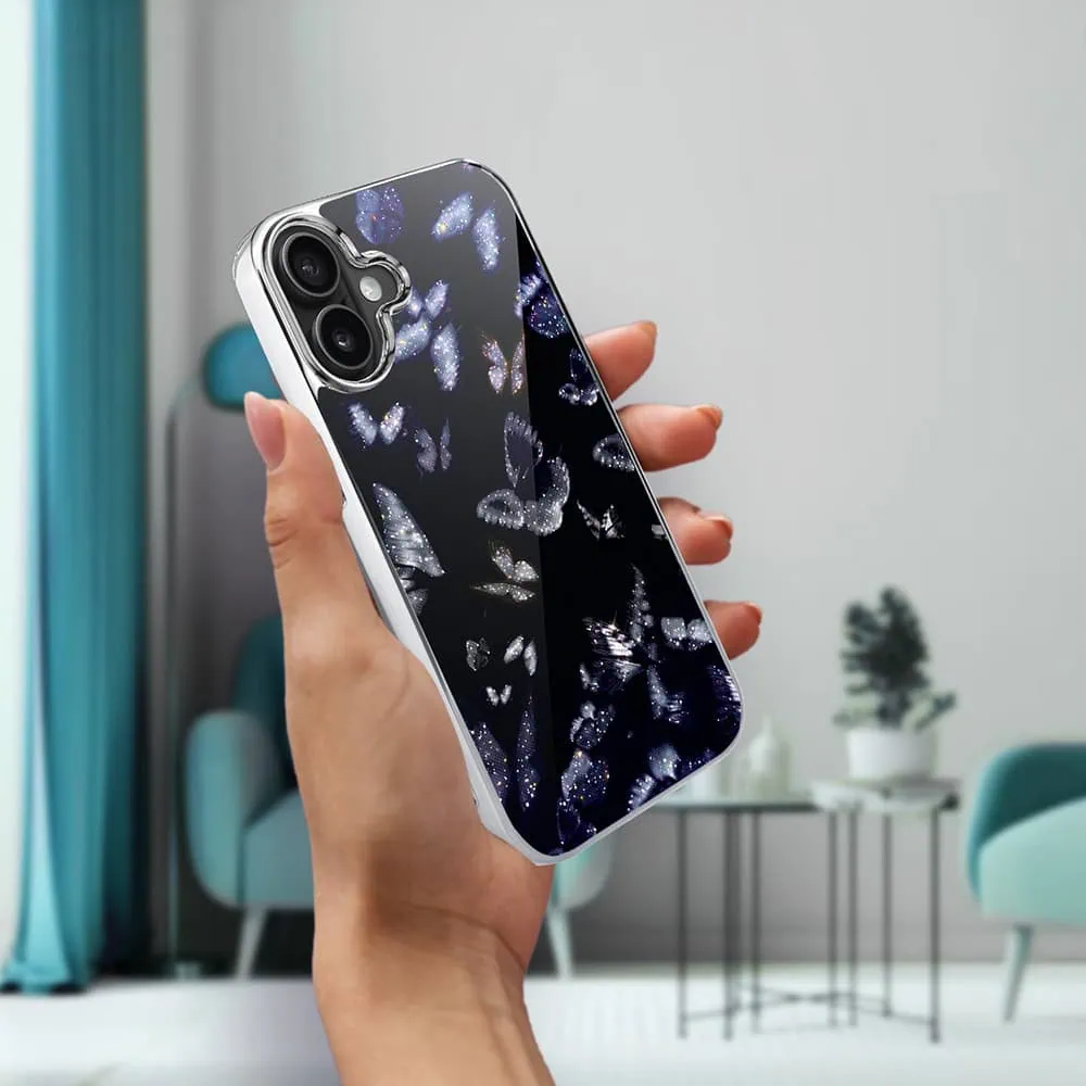Etui do iPhone 16, Elite Glass z MagSafe, szklany tył, Nocturne, Nocne motyle, srebrne (1)