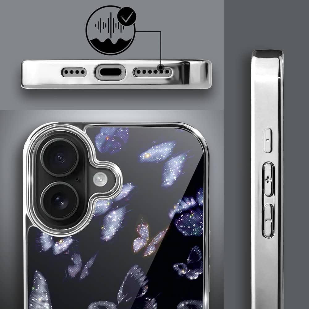Etui do iPhone 16, Elite Glass z MagSafe, szklany tył, Nocturne, Nocne motyle, srebrne (2)