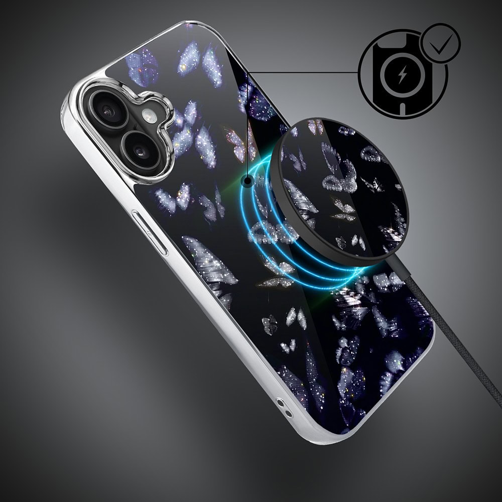 Etui do iPhone 16, Elite Glass z MagSafe, szklany tył, Nocturne, Nocne motyle, srebrne (4)