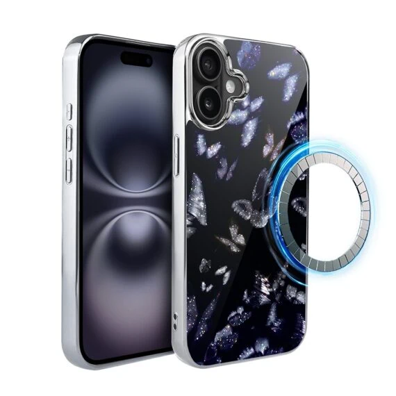 Etui do iPhone 16, Elite Glass z MagSafe, szklany tył, Nocturne, Nocne motyle, srebrne (5)