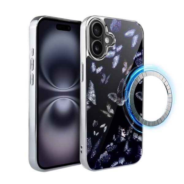 Etui do iPhone 16 Plus, Elite Glass z MagSafe, szklany tył, Nocturne, Nocne motyle, srebrne