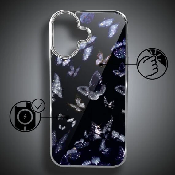 Etui do iPhone 16, Elite Glass z MagSafe, szklany tył, Nocturne, Nocne motyle, srebrne (6)