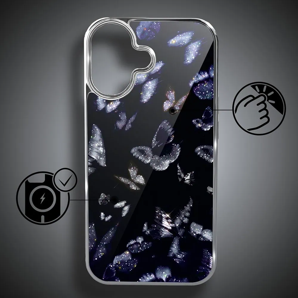 Etui do iPhone 16, Elite Glass z MagSafe, szklany tył, Nocturne, Nocne motyle, srebrne (6)