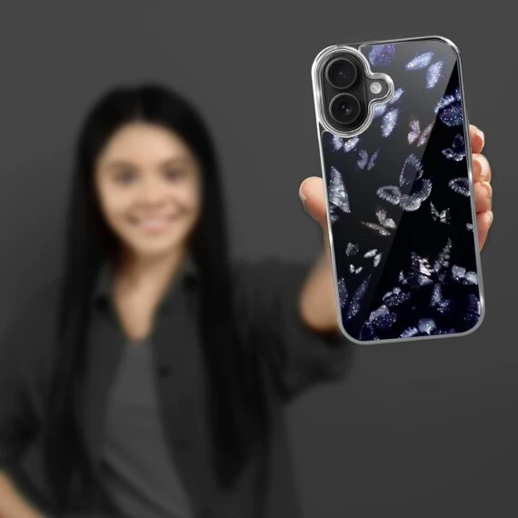 Etui do iPhone 16, Elite Glass z MagSafe, szklany tył, Nocturne, Nocne motyle, srebrne (7)