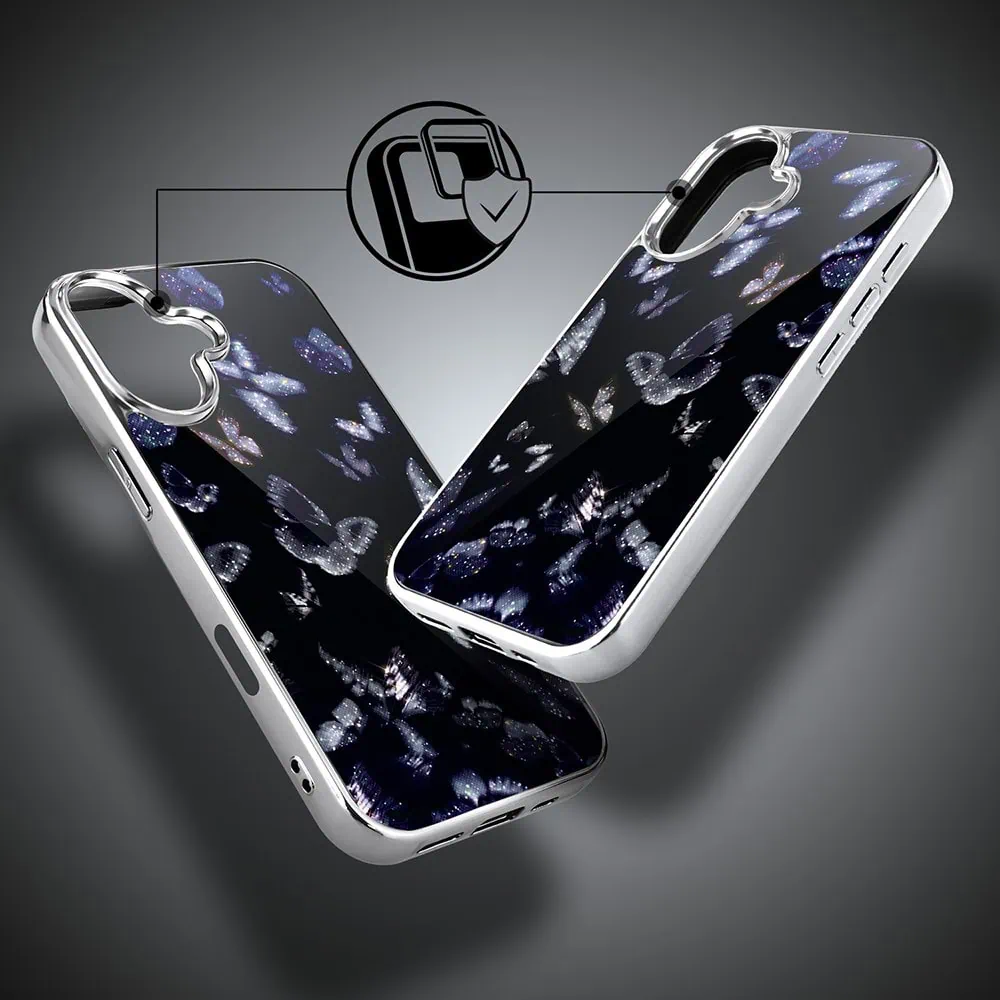 Etui do iPhone 16, Elite Glass z MagSafe, szklany tył, Nocturne, Nocne motyle, srebrne (8)