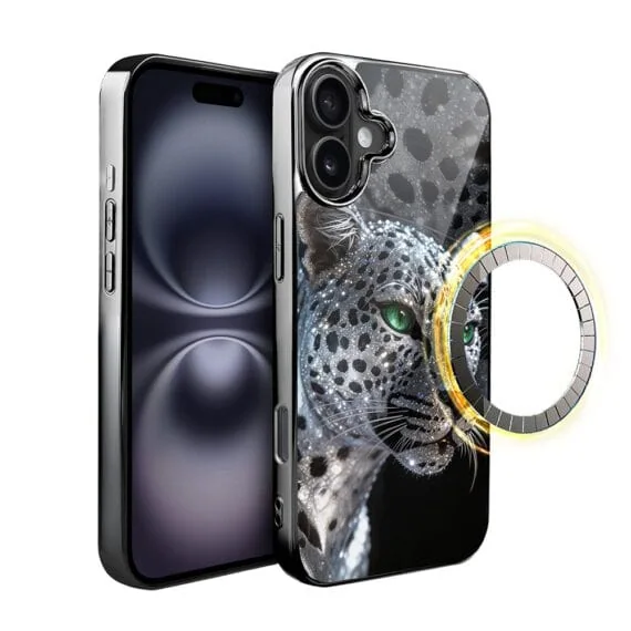 Etui do iPhone 16 , Elite Glass z MagSafe, szklany tył, Nocturne, Oczy pantery, czarne (1)