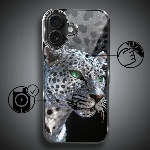 Etui do iPhone 16 , Elite Glass z MagSafe, szklany tył, Nocturne, Oczy pantery, czarne (2)