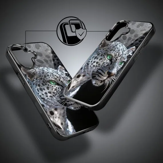 Etui do iPhone 16 , Elite Glass z MagSafe, szklany tył, Nocturne, Oczy pantery, czarne (4)