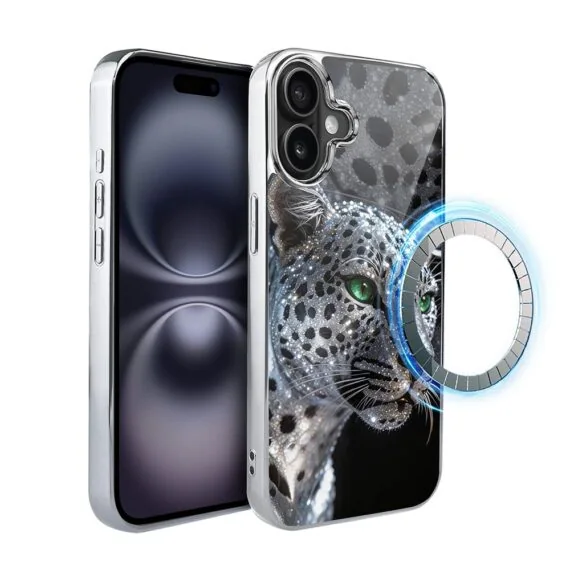 Etui do iPhone 16, Elite Glass z MagSafe, szklany tył, Nocturne, Oczy pantery, srebrne (5)