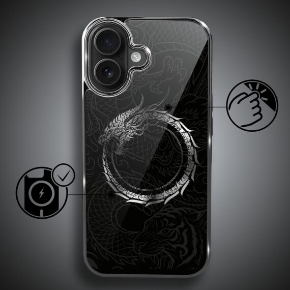 Etui do iPhone 16 , Elite Glass z MagSafe, szklany tył, Nocturne, Uroboros - smoczy krąg, czarne (1)