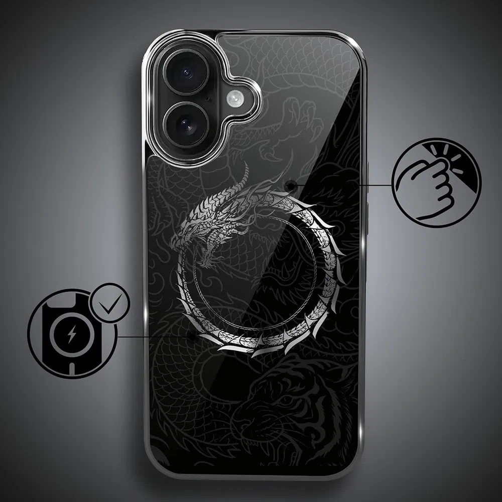 Etui do iPhone 16 , Elite Glass z MagSafe, szklany tył, Nocturne, Uroboros - smoczy krąg, czarne (1)