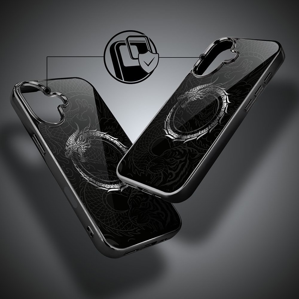 Etui do iPhone 16 , Elite Glass z MagSafe, szklany tył, Nocturne, Uroboros - smoczy krąg, czarne (3)