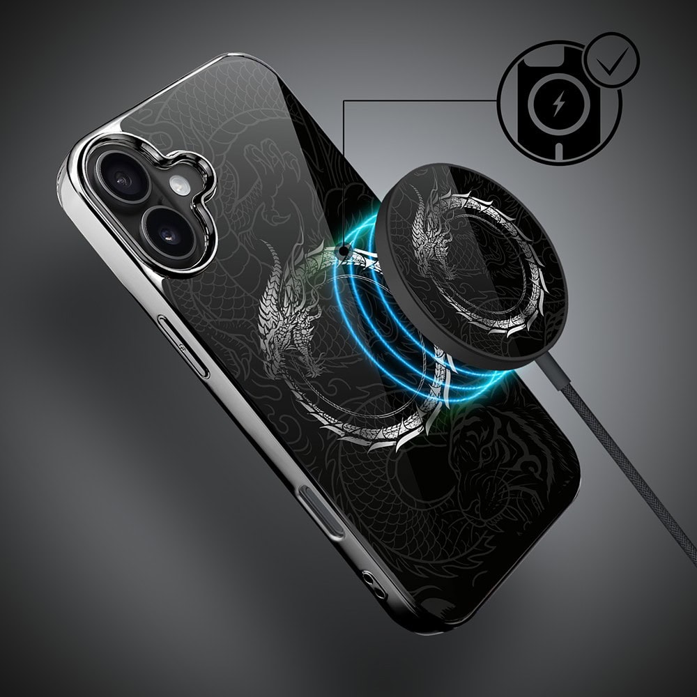 Etui do iPhone 16 , Elite Glass z MagSafe, szklany tył, Nocturne, Uroboros - smoczy krąg, czarne (7)