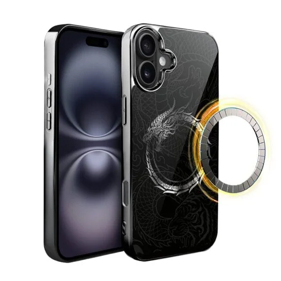 Etui do iPhone 16 , Elite Glass z MagSafe, szklany tył, Nocturne, Uroboros - smoczy krąg, czarne (8)