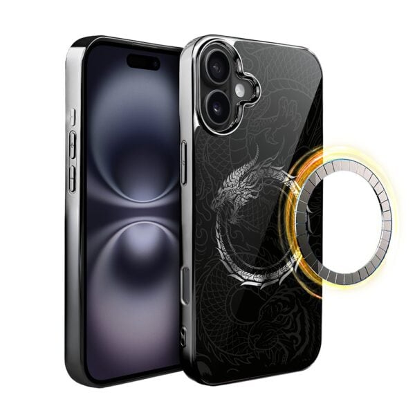Etui do iPhone 16 Plus, Elite Glass z MagSafe, szklany tył, Nocturne, Uroboros – smoczy krąg, czarne