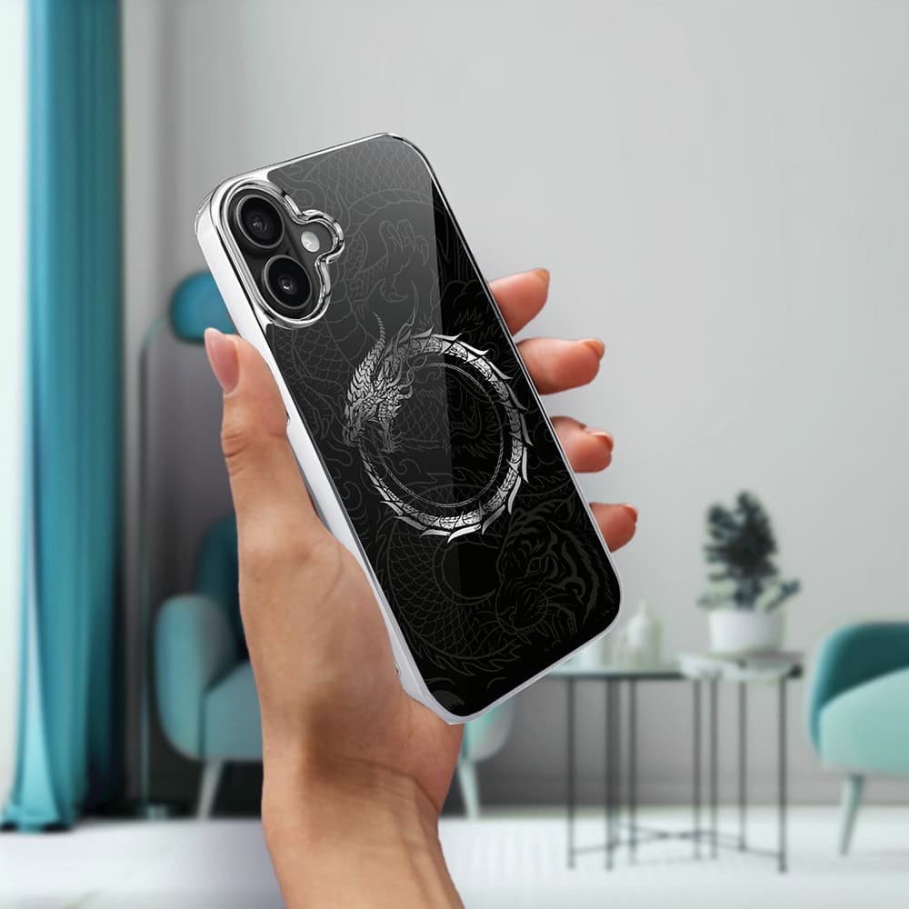 Etui do iPhone 16, Elite Glass z MagSafe, szklany tył, Nocturne, Uroboros - smoczy krąg, srebrne (1)