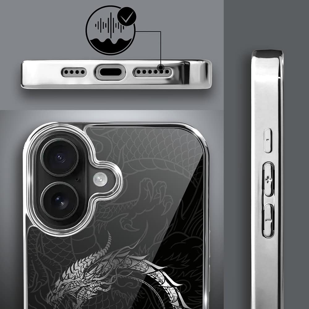 Etui do iPhone 16, Elite Glass z MagSafe, szklany tył, Nocturne, Uroboros - smoczy krąg, srebrne (2)