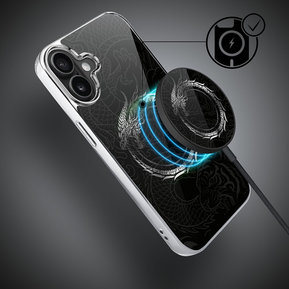 Etui do iPhone 16, Elite Glass z MagSafe, szklany tył, Nocturne, Uroboros - smoczy krąg, srebrne (4)