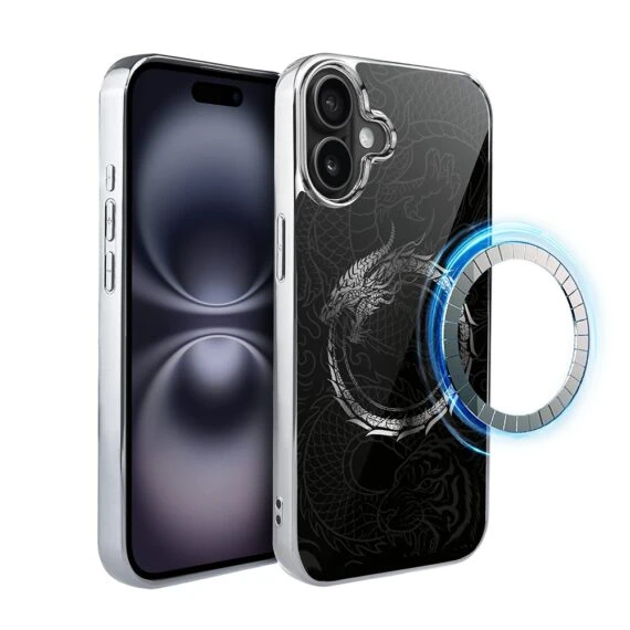 Etui do iPhone 16, Elite Glass z MagSafe, szklany tył, Nocturne, Uroboros - smoczy krąg, srebrne (5)