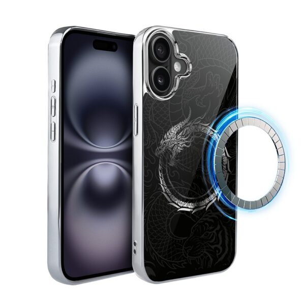 Etui do iPhone 16 Plus, Elite Glass z MagSafe, szklany tył, Nocturne, Uroboros – smoczy krąg, srebrne
