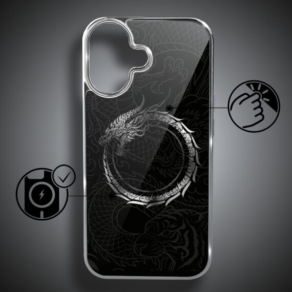 Etui do iPhone 16, Elite Glass z MagSafe, szklany tył, Nocturne, Uroboros - smoczy krąg, srebrne (6)