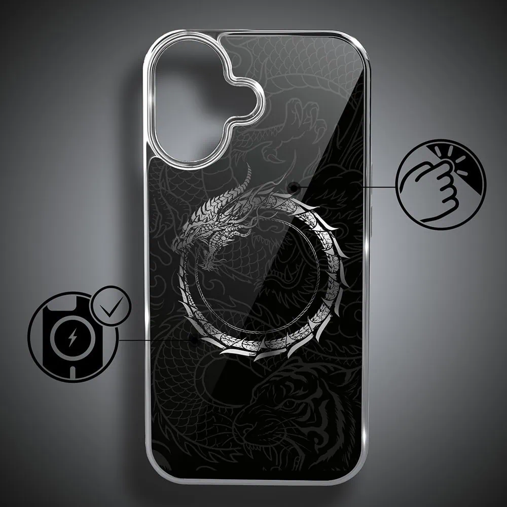Etui do iPhone 16, Elite Glass z MagSafe, szklany tył, Nocturne, Uroboros - smoczy krąg, srebrne (6)