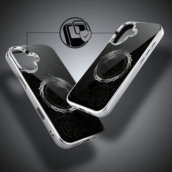 Etui do iPhone 16, Elite Glass z MagSafe, szklany tył, Nocturne, Uroboros - smoczy krąg, srebrne (8)