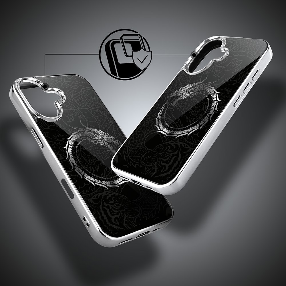 Etui do iPhone 16, Elite Glass z MagSafe, szklany tył, Nocturne, Uroboros - smoczy krąg, srebrne (8)
