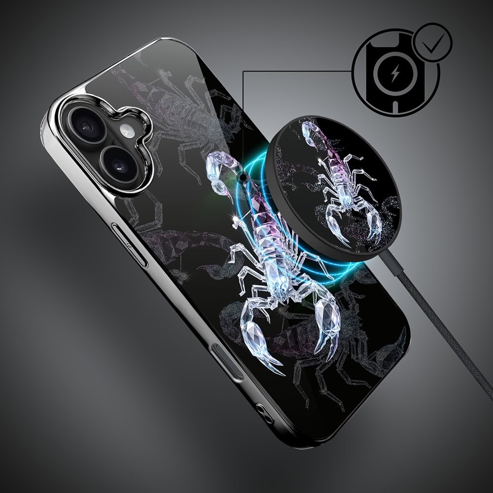 Etui do iPhone 16 Plus, Elite Glass z MagSafe, szklany tył, Nocturne, Kryształowy skorpion , czarne (2)