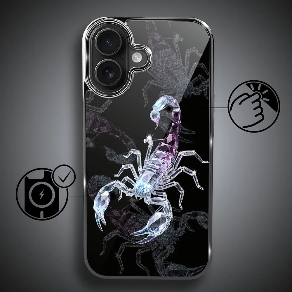 Etui do iPhone 16 Plus, Elite Glass z MagSafe, szklany tył, Nocturne, Kryształowy skorpion , czarne (4)