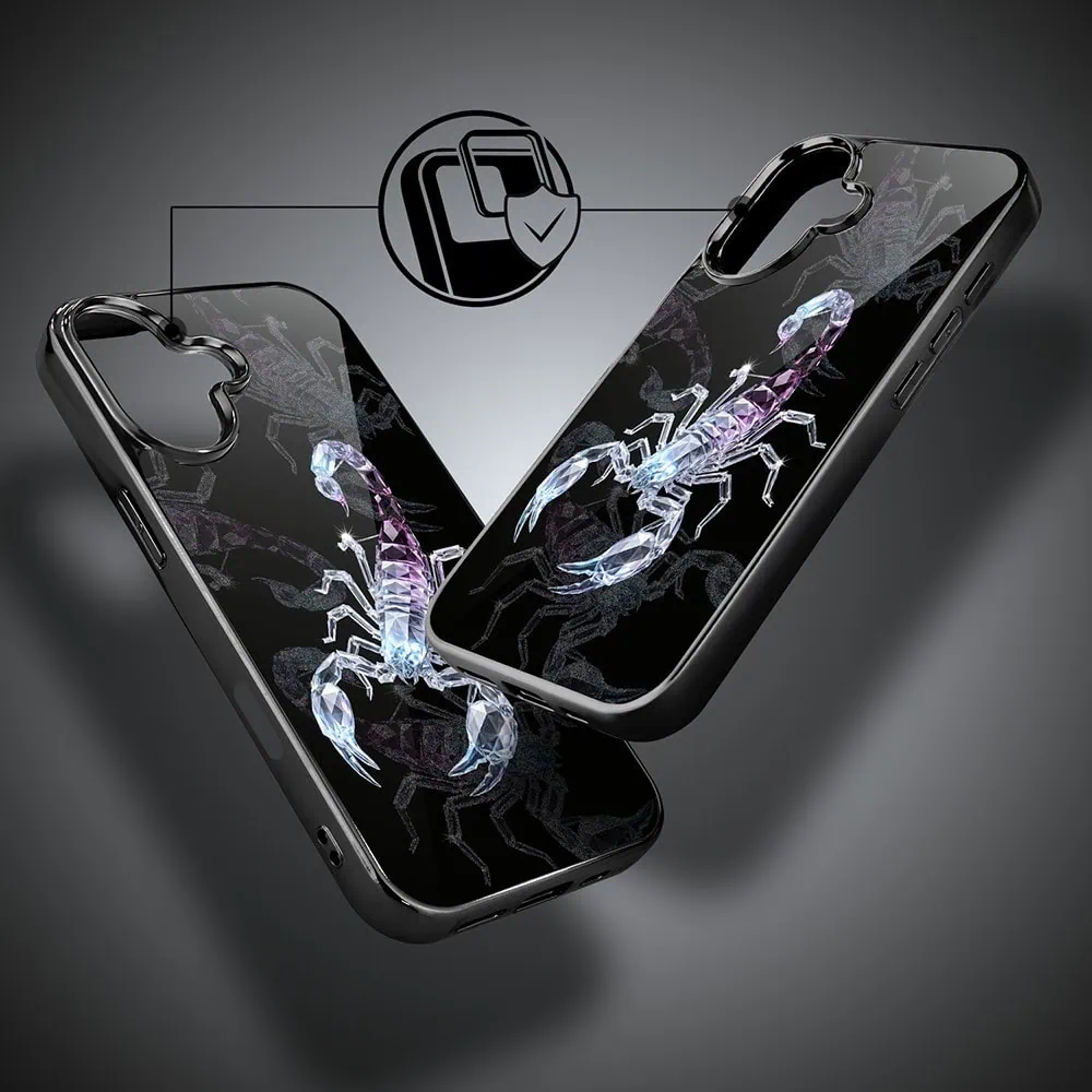 Etui do iPhone 16 Plus, Elite Glass z MagSafe, szklany tył, Nocturne, Kryształowy skorpion , czarne (6)