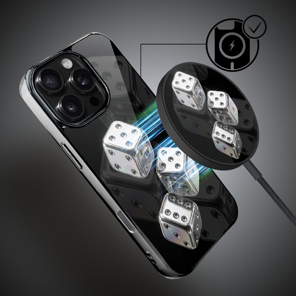 Etui do iPhone 16 Pro, Elite Glass z MagSafe, szklany tył, Nocturne, Kości do gry, czarne (3)