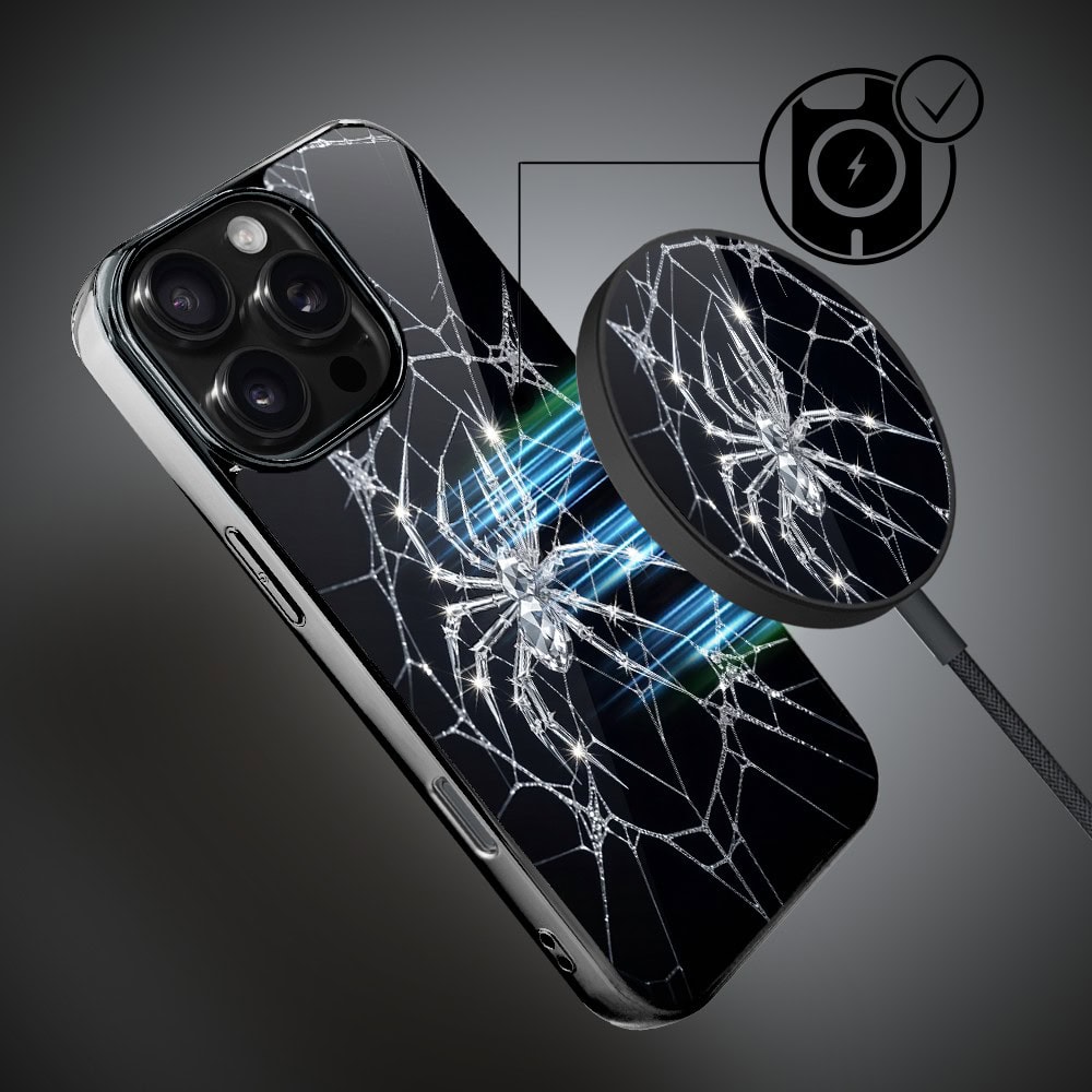 Etui do iPhone 16 Pro, Elite Glass z MagSafe, szklany tył, Nocturne, Kryształowy pająk, czarne (3)