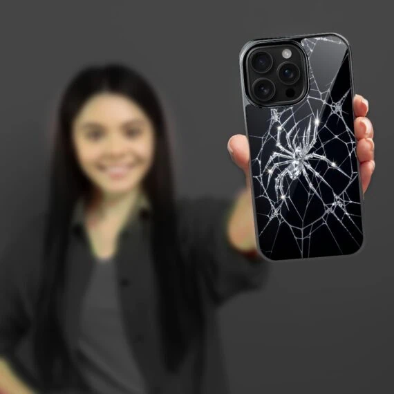 Etui do iPhone 16 Pro, Elite Glass z MagSafe, szklany tył, Nocturne, Kryształowy pająk, czarne (6)
