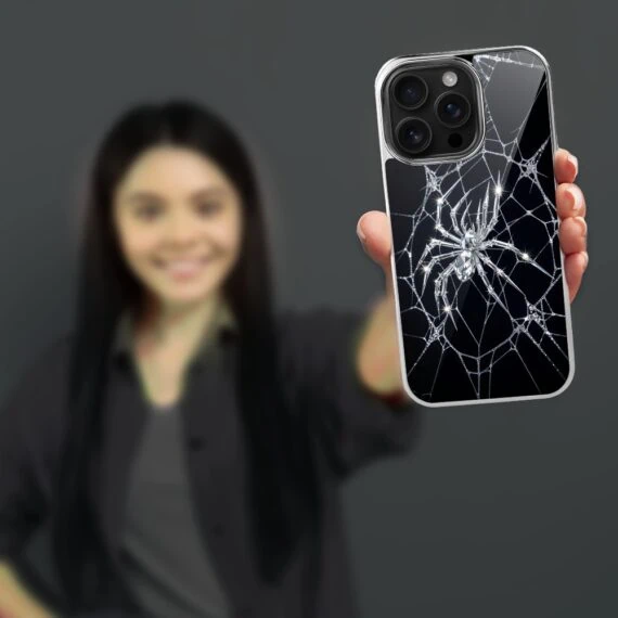 Etui do iPhone 16 Pro, Elite Glass z MagSafe, szklany tył, Nocturne, Kryształowy pająk, srebrne (4)
