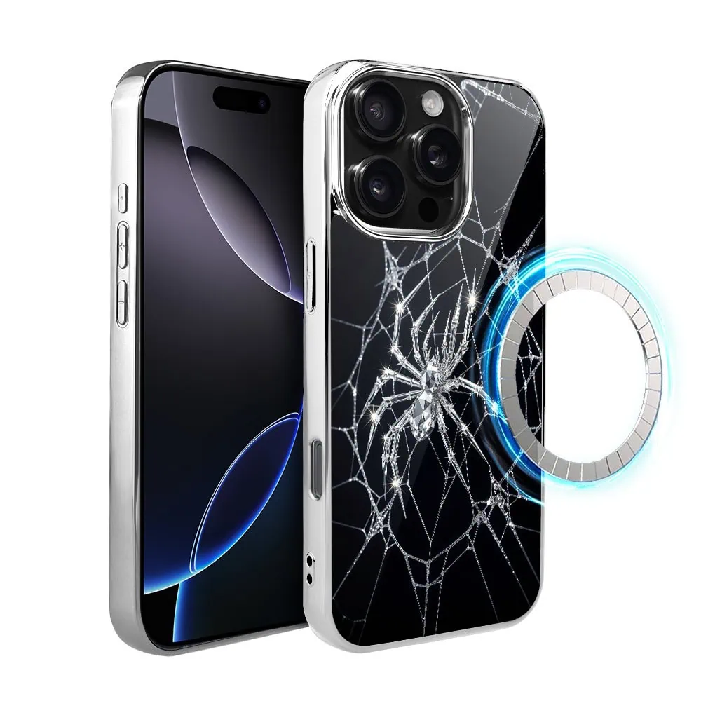 Etui do iPhone 16 Pro, Elite Glass z MagSafe, szklany tył, Nocturne, Kryształowy pająk, srebrne