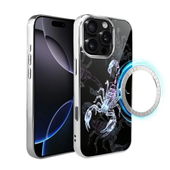 Etui do iPhone 16 Pro, Elite Glass z MagSafe, szklany tył, Nocturne, Kryształowy skorpion, srebrne (1)