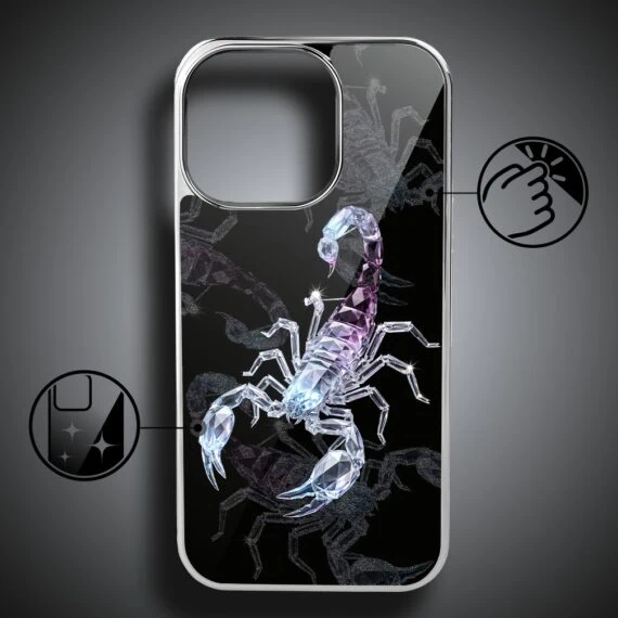 Etui do iPhone 16 Pro, Elite Glass z MagSafe, szklany tył, Nocturne, Kryształowy skorpion, srebrne (8)