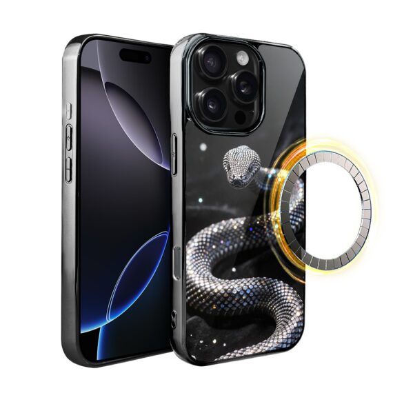 Etui do iPhone 16 Pro, Elite Glass z MagSafe, szklany tył, Nocturne, Kryształowy wąż, czarne (4)