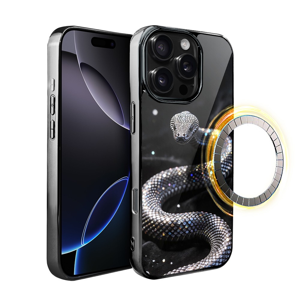 Etui do iPhone 16 Pro, Elite Glass z MagSafe, szklany tył, Nocturne, Kryształowy wąż, czarne