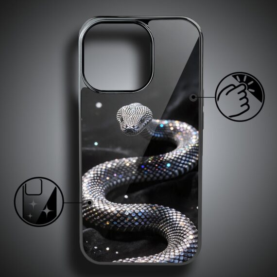 Etui do iPhone 16 Pro, Elite Glass z MagSafe, szklany tył, Nocturne, Kryształowy wąż, czarne (5)