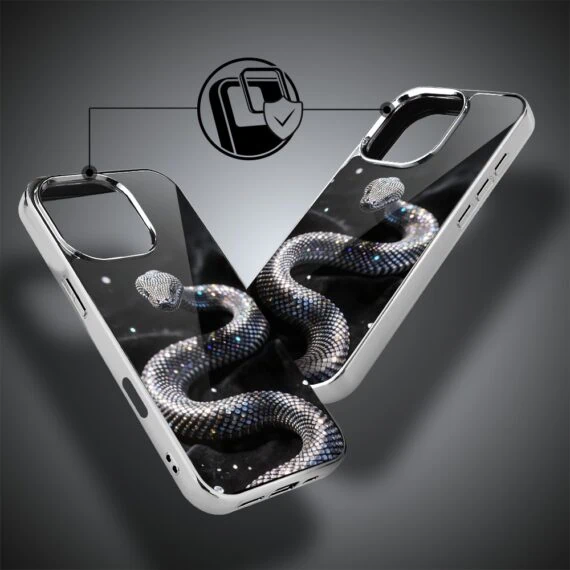 Etui do iPhone 16 Pro, Elite Glass z MagSafe, szklany tył, Nocturne, Kryształowy wąż, srebrne (4)