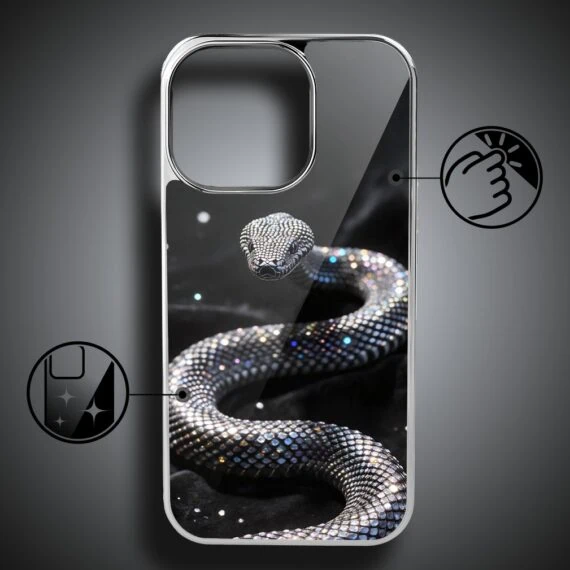 Etui do iPhone 16 Pro, Elite Glass z MagSafe, szklany tył, Nocturne, Kryształowy wąż, srebrne (6)