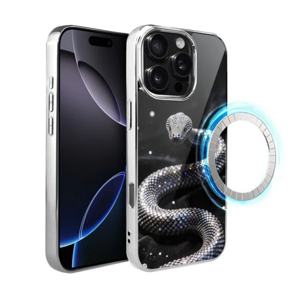 Etui do iPhone 16 Pro, Elite Glass z MagSafe, szklany tył, Nocturne, Kryształowy wąż, srebrne (7)