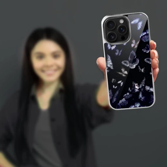 Etui do iPhone 16 Pro, Elite Glass z MagSafe, szklany tył, Nocturne, Nocne Motyle, srebrne (6)
