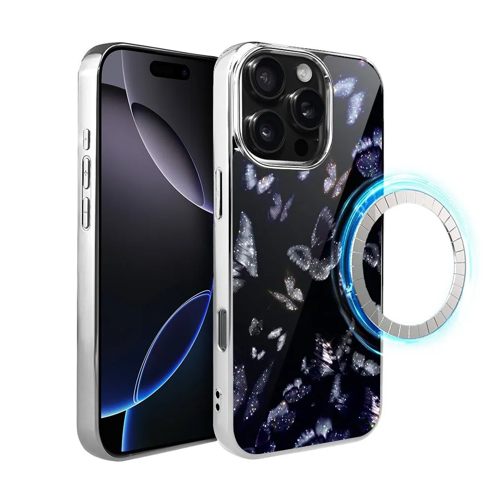 Etui do iPhone 16 Pro, Elite Glass z MagSafe, szklany tył, Nocturne, Nocne motyle, srebrne