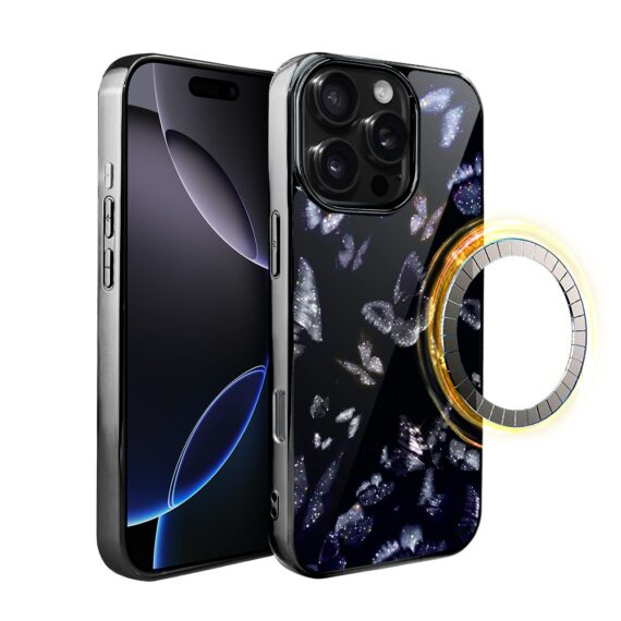 Etui do iPhone 16 Pro, Elite Glass z MagSafe, szklany tył, Nocturne, Nocne motyle, czarne (4)