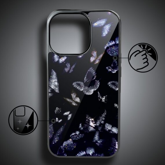 Etui do iPhone 16 Pro, Elite Glass z MagSafe, szklany tył, Nocturne, Nocne motyle, czarne (5)